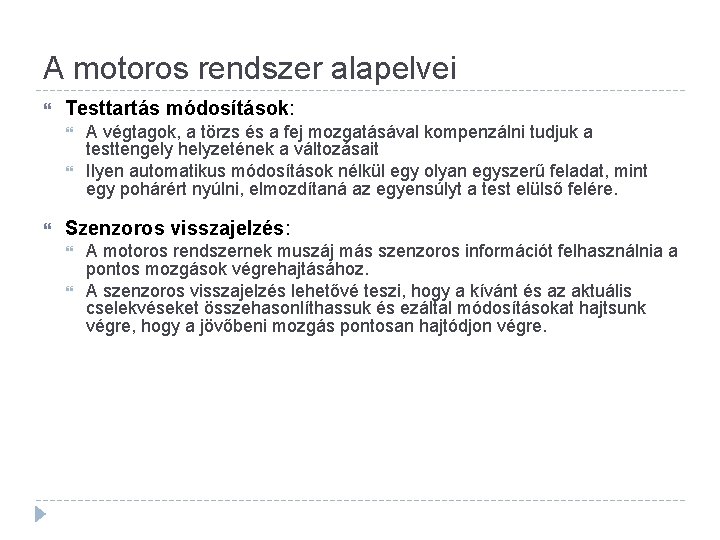 A motoros rendszer alapelvei Testtartás módosítások: A végtagok, a törzs és a fej mozgatásával