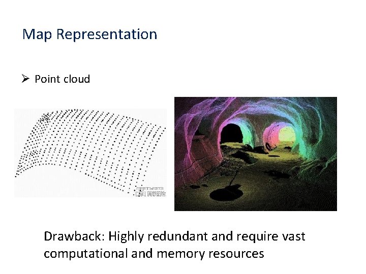 Map Representation Ø Point cloud Drawback: Highly redundant and require vast computational and memory