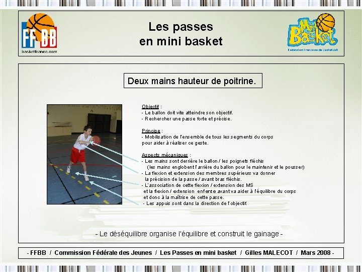 Les passes en mini basket Deux mains hauteur de poitrine. Objectif : - Le