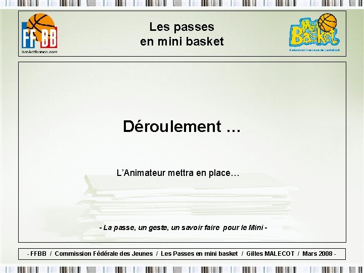 Les passes en mini basket Déroulement … L’Animateur mettra en place… - La passe,