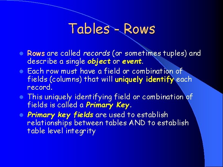 Tables - Rows are called records (or sometimes tuples) and describe a single object