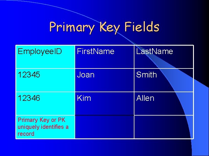 Primary Key Fields Employee. ID First. Name Last. Name 12345 Joan Smith 12346 Kim