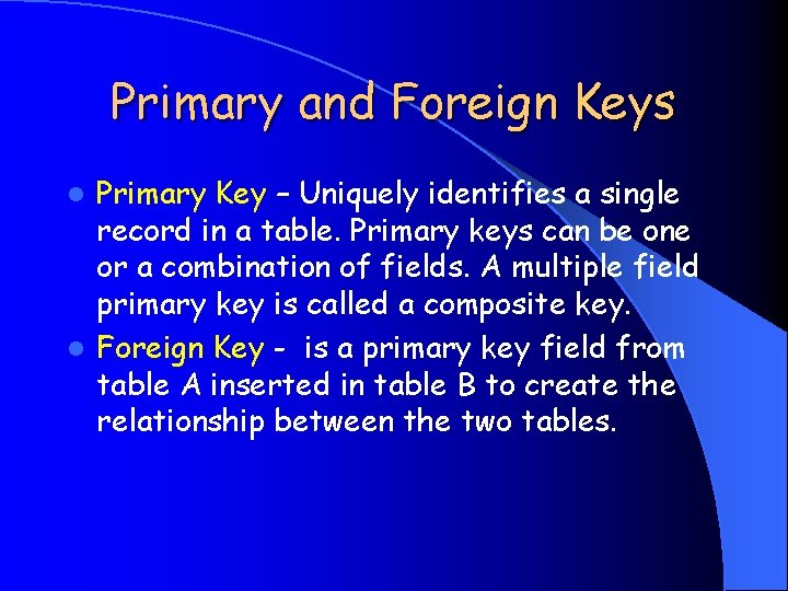 Primary and Foreign Keys Primary Key – Uniquely identifies a single record in a