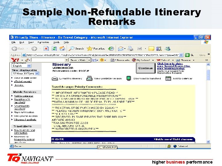 Sample Non-Refundable Itinerary Remarks higher business performance 