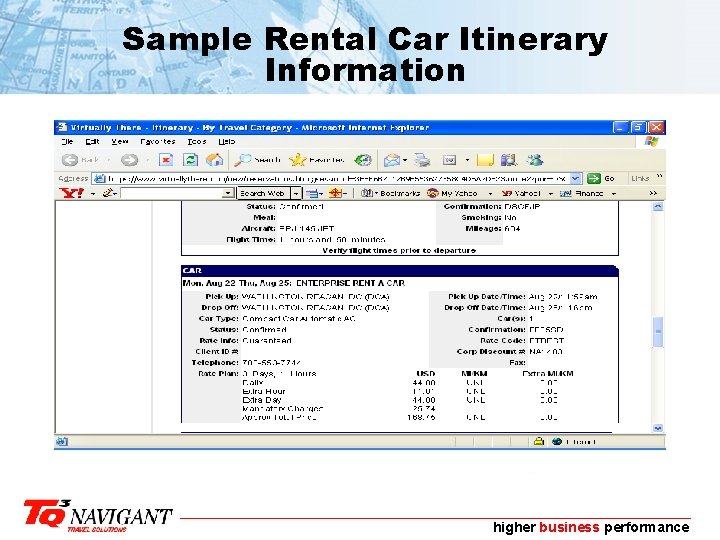 Sample Rental Car Itinerary Information higher business performance 