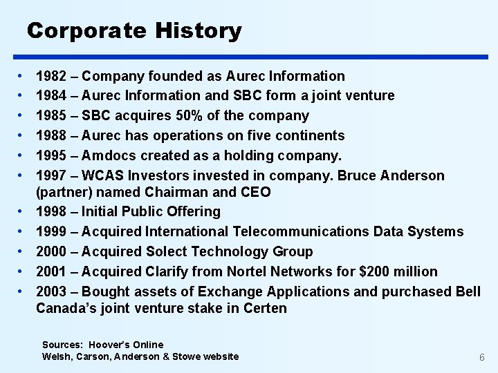 Corporate History • • • 1982 – Company founded as Aurec Information 1984 –