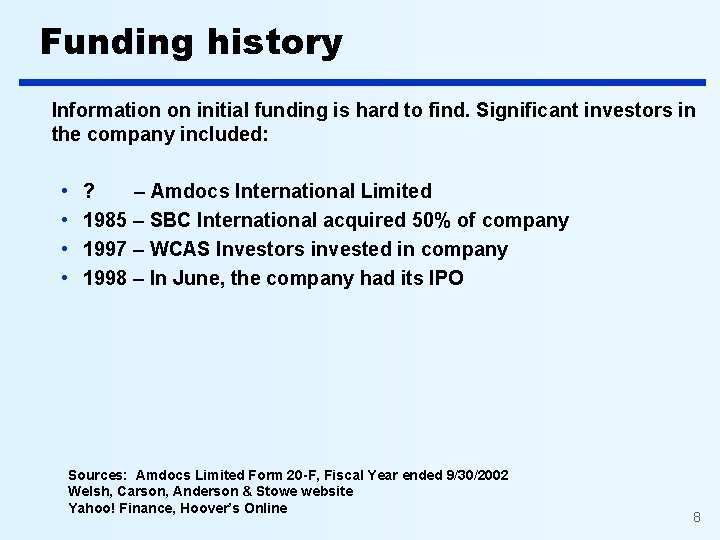 Funding history Information on initial funding is hard to find. Significant investors in the