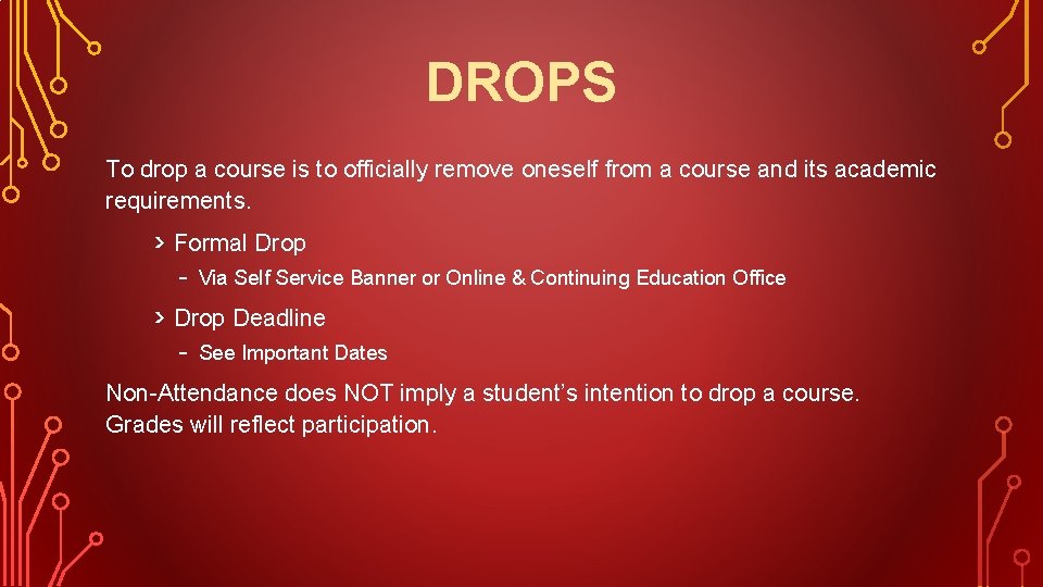 DROPS To drop a course is to officially remove oneself from a course and