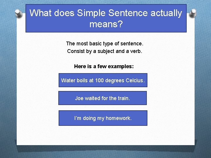 What does Simple Sentence actually means? The most basic type of sentence. Consist by