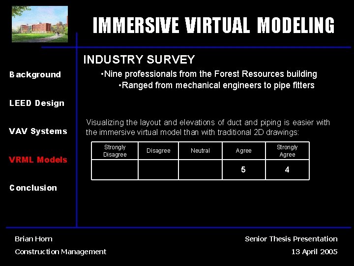 IMMERSIVE VIRTUAL MODELING INDUSTRY SURVEY Background • Nine professionals from the Forest Resources building