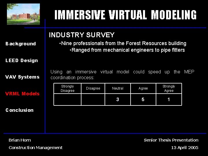 IMMERSIVE VIRTUAL MODELING INDUSTRY SURVEY Background • Nine professionals from the Forest Resources building