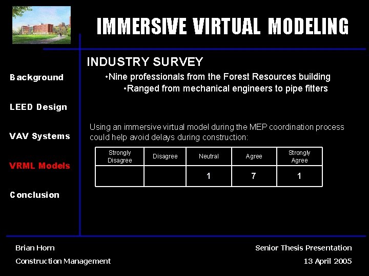 IMMERSIVE VIRTUAL MODELING INDUSTRY SURVEY Background • Nine professionals from the Forest Resources building