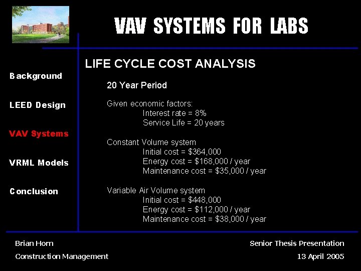 VAV SYSTEMS FOR LABS Background LEED Design VAV Systems VRML Models Conclusion LIFE CYCLE