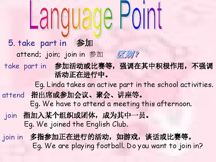 5. take part in 参加 attend; join in 参加 take part in 参加活动或比赛等，强调在其中积极作用，不强调 活动正在进行中。
