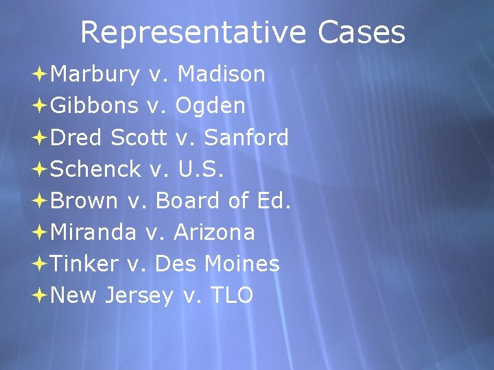 Representative Cases Marbury v. Madison Gibbons v. Ogden Dred Scott v. Sanford Schenck v.
