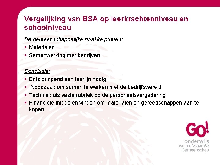 Vergelijking van BSA op leerkrachtenniveau en schoolniveau De gemeenschappelijke zwakke punten: § Materialen §