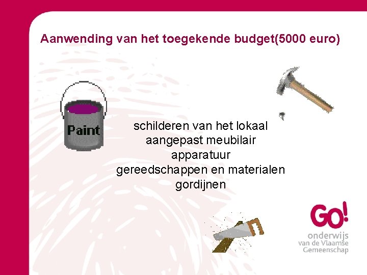Aanwending van het toegekende budget(5000 euro) schilderen van het lokaal aangepast meubilair apparatuur gereedschappen