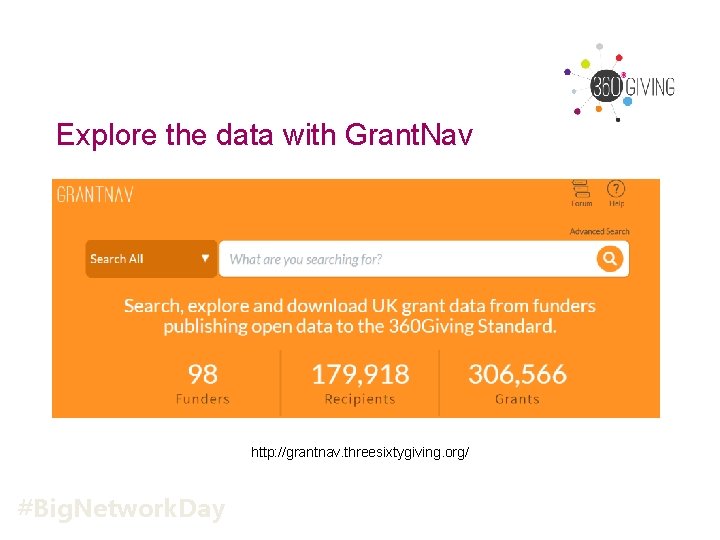 Explore the data with Grant. Nav http: //grantnav. threesixtygiving. org/ #Big. Network. Day 