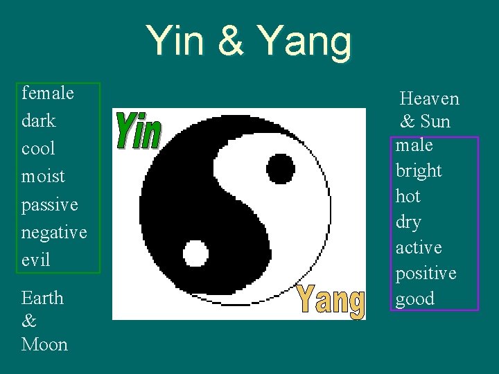 Yin & Yang female dark cool moist passive negative evil Earth & Moon Heaven