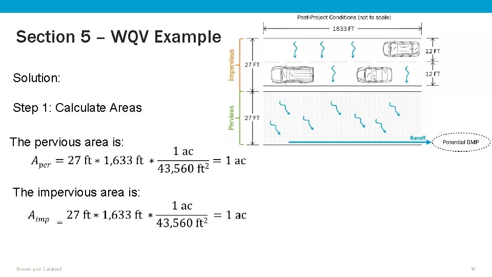 Section 5 – WQV Example Solution: Step 1: Calculate Areas The pervious area is: