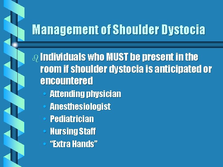 Management of Shoulder Dystocia b Individuals who MUST be present in the room if