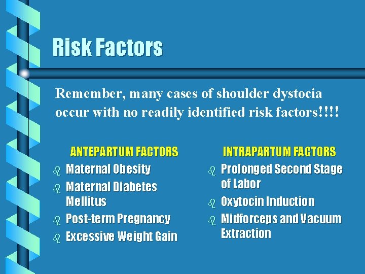 Risk Factors Remember, many cases of shoulder dystocia occur with no readily identified risk