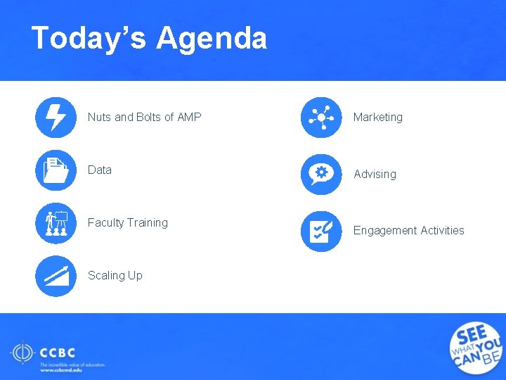 Today’s Agenda Nuts and Bolts of AMP Marketing Data Advising Faculty Training Scaling Up