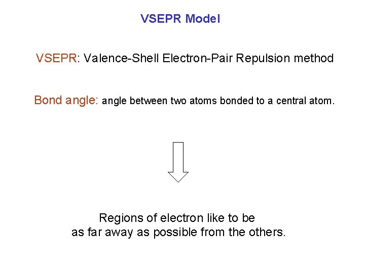 VSEPR Model VSEPR: Valence-Shell Electron-Pair Repulsion method Bond angle: angle between two atoms bonded