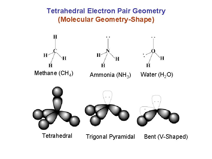 Tetrahedral Electron Pair Geometry (Molecular Geometry-Shape) Methane (CH 4) Tetrahedral Ammonia (NH 3) Trigonal