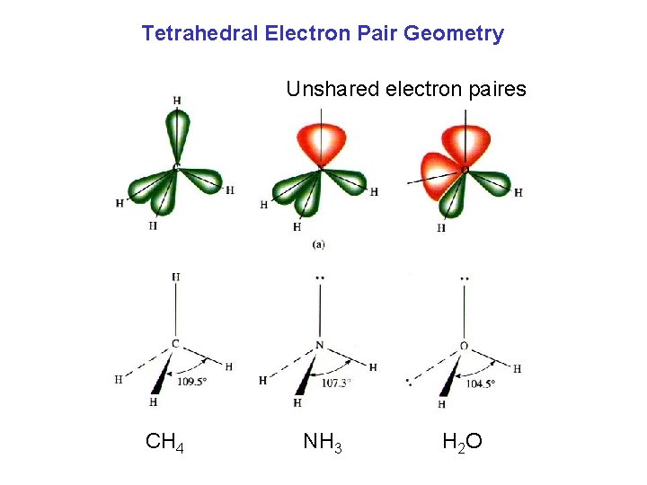 Tetrahedral Electron Pair Geometry Unshared electron paires CH 4 NH 3 H 2 O