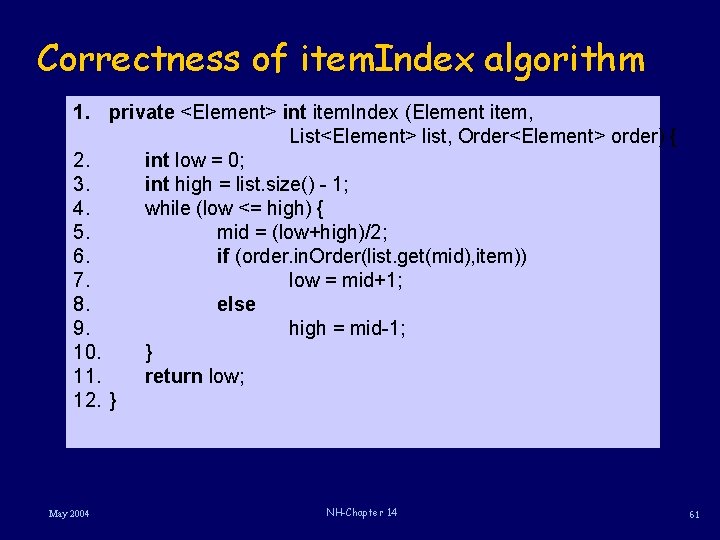 Correctness of item. Index algorithm 1. private <Element> int item. Index (Element item, List<Element>