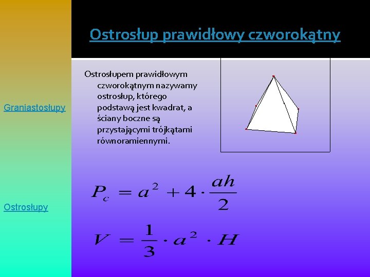Ostrosłup prawidłowy czworokątny Graniastosłupy Ostrosłupem prawidłowym czworokątnym nazywamy ostrosłup, którego podstawą jest kwadrat, a