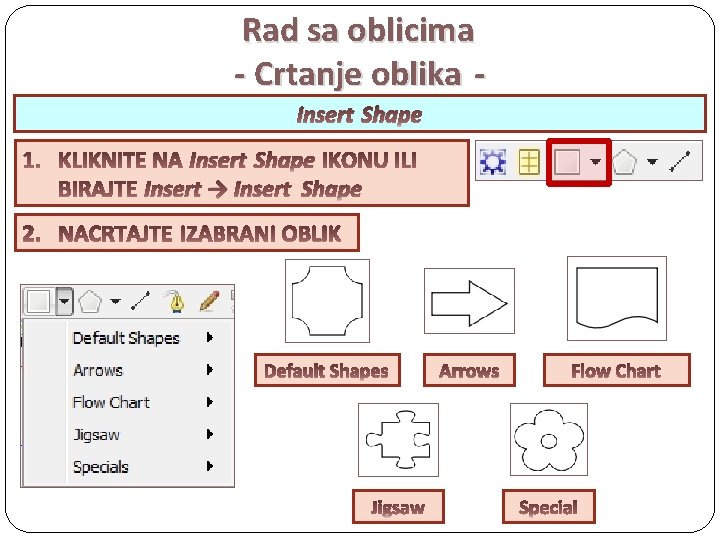 Rad sa oblicima - Crtanje oblika Insert Shape Insert → Insert Shape 