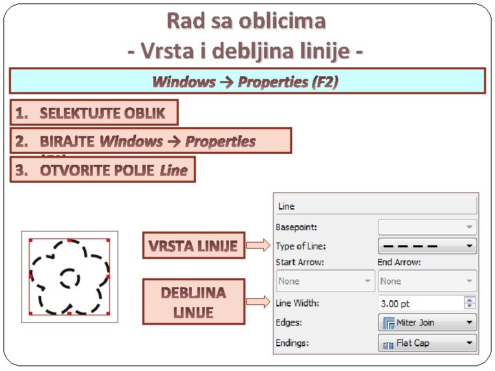 Rad sa oblicima - Vrsta i debljina linije Windows → Properties (F 2) F