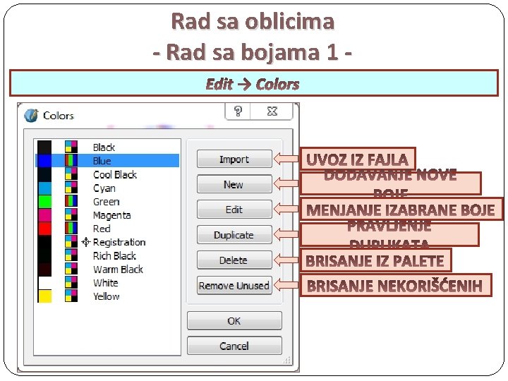Rad sa oblicima - Rad sa bojama 1 Edit → Colors 