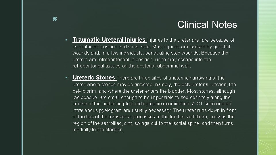 z Clinical Notes § Traumatic Ureteral Injuries to the ureter are rare because of