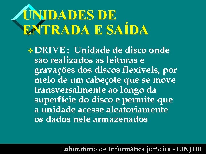 UNIDADES DE ENTRADA E SAÍDA v DRIVE : Unidade de disco onde são realizados