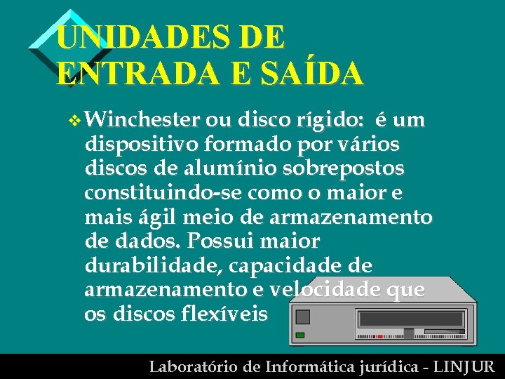 UNIDADES DE ENTRADA E SAÍDA v Winchester ou disco rígido: é um dispositivo formado