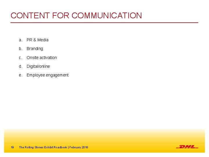 CONTENT FOR COMMUNICATION 19 a. PR & Media b. Branding c. Onsite activation d.