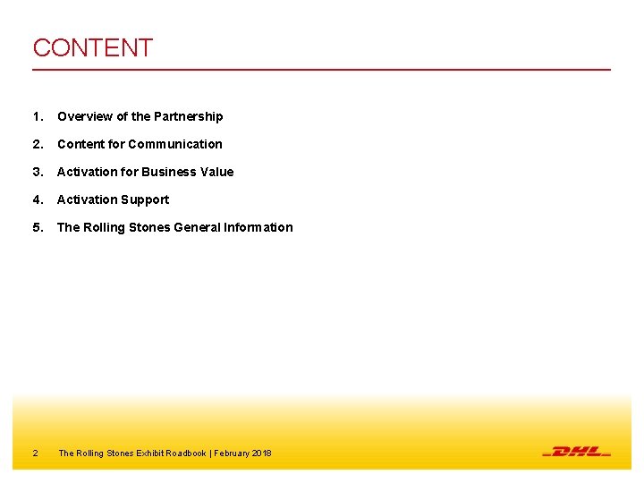 CONTENT 1. Overview of the Partnership 2. Content for Communication 3. Activation for Business