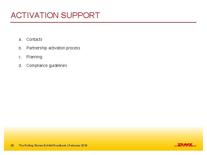 ACTIVATION SUPPORT 29 a. Contacts b. Partnership activation process c. Planning d. Compliance guidelines