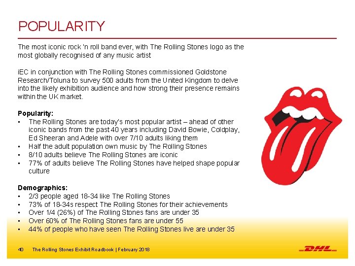 POPULARITY The most iconic rock ‘n roll band ever, with The Rolling Stones logo