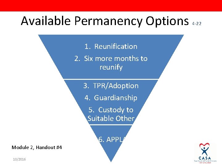 Available Permanency Options 1. Reunification 2. Six more months to reunify 3. TPR/Adoption 4.