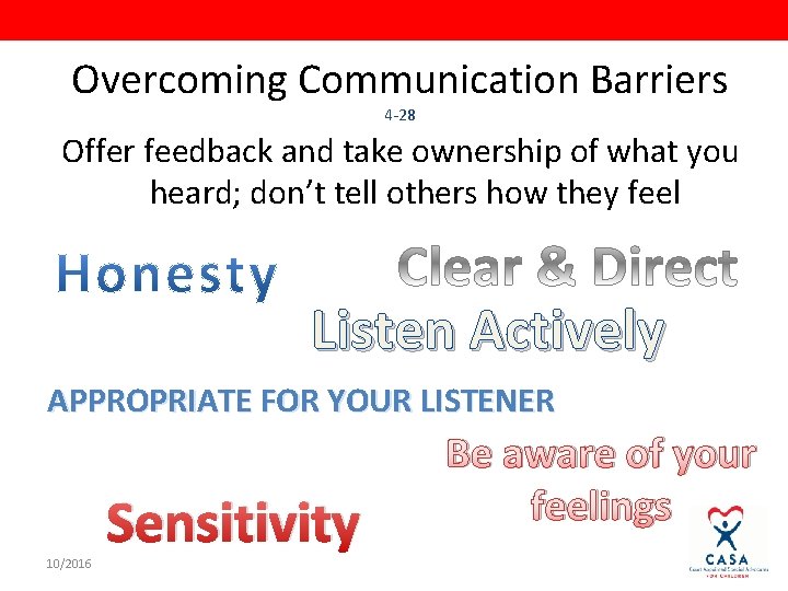 Overcoming Communication Barriers 4 -28 Offer feedback and take ownership of what you heard;