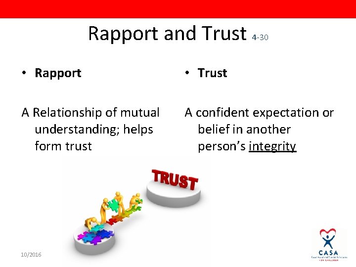 Rapport and Trust 4 -30 • Rapport • Trust A Relationship of mutual understanding;
