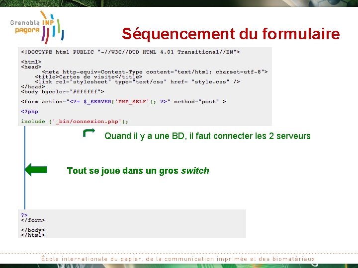 Séquencement du formulaire Quand il y a une BD, il faut connecter les 2