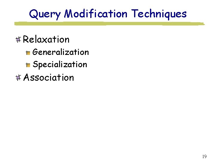 Query Modification Techniques Relaxation Generalization Specialization Association 19 