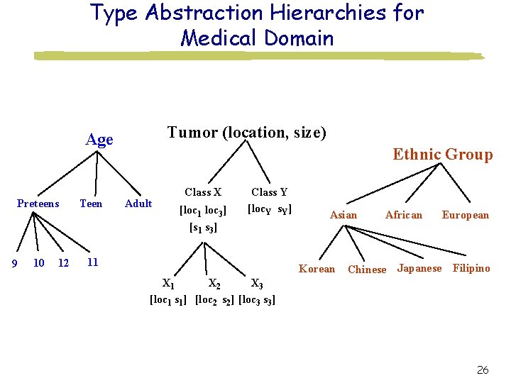 Type Abstraction Hierarchies for Medical Domain Tumor (location, size) Age Preteens 9 10 12