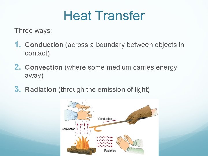 Heat Transfer Three ways: 1. Conduction (across a boundary between objects in contact) 2.
