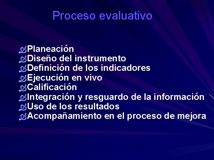 Proceso evaluativo Planeación Diseño del instrumento Definición de los indicadores Ejecución en vivo Calificación